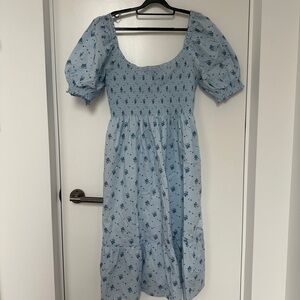 Hill House Blue Smocked Midi Nap Dress with Puff Sleeves XXL